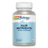 SOLARAY bote frontal Hair Nutrients mostrando etiqueta y beneficios