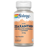 SOLARAY frasco frontal de Ultra Zeaxanthin mostrando diseño y 30 veg caps, fácil uso diario