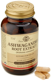 Solgar SFP Ashwagandha frasco frontal mostrando etiqueta y beneficios claros