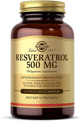 Solgar Resveratrol frente del empaque mostrando presentación y 30 cápsulas, claridad de compra