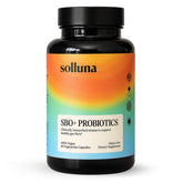 Solluna SBO Probiotics frasco frontal mostrando etiqueta y beneficios