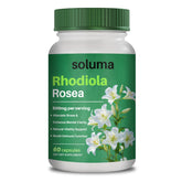 soluma rhodiola bote frontal mostrando 60 cápsulas y beneficio de apoyo diario