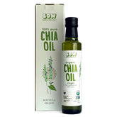 Seeds of Wellness botella frontal mostrando aceite de chía, beneficio: pureza orgánica