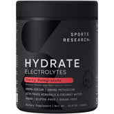 Sports Research bote frontal mostrando 90 porciones y sabor cereza-granada útil para hidratación