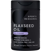 Sports Research envase frontal del aceite de linaza vegano mostrando 180 plantgels y beneficio vegano