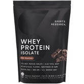 Sports Research frente del envase mostrando 25 g proteína y sabor dark chocolate