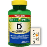 Spring Valley frasco delante mostrando cantidad y dosis, confianza y ahorro