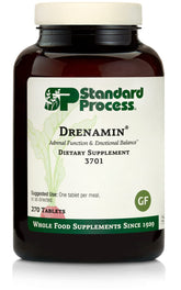 Standard Process Drenamin frasco frontal mostrando 270 tabletas y beneficios de apoyo adrenal