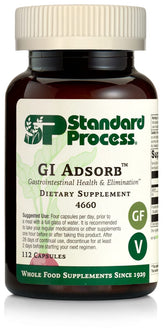 Standard Process envase frontal de GI Adsorb mostrando etiqueta y 112 cápsulas, beneficio claridad de ingredientes