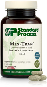 Standard Process Min-Tran frente del empaque mostrando 180 tabletas y beneficios