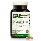 Standard Process frasco SP Green Food frontal mostrando la etiqueta y beneficio nutricional