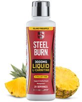 SteelFit Steel Burn vista frontal de la botella mostrando etiqueta y tamaño, conveniente