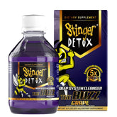 Stinger Detox botella frontal uva mostrando el envase listo para beber y beneficio práctico