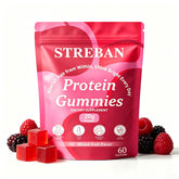 STREBAN gomitas frontal del envase mostrando diseño práctico y beneficio de proteína