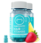 SugarBearHair frente del empaque mostrando dos frascos y beneficio de suministro de 2 meses