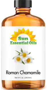 Sun Essential Oils botella frontal de manzanilla romana, visual claro y protección