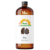 Sun Essential Oils botella de pino 16 oz frontal mostrando etiqueta y protección ámbar