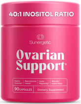 Sunergetic frasco frontal mostrando etiqueta y beneficio ovárico