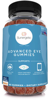 Sunergetic frente del envase mostrando 60 gomitas y beneficios visuales
