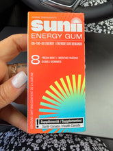 SUNII ENERGY GUM paquete frontal mostrando 24 piezas y beneficio portabilidad