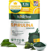 Sunlit Best envase frontal de spirulina orgánica mostrando tamaño y sellado