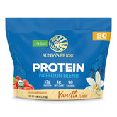 Sunwarrior frasco frontal del envase mostrando sabor vainilla y beneficios orgánicos