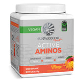 Sunwarrior frente del envase Active Aminos mango que muestra la marca y beneficios