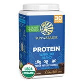 Sunwarrior frente del envase mostrando sabor chocolate y limpieza de ingredientes
