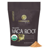Sunwarrior maca envase frontal mostrando etiqueta orgánica y beneficio energético