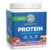Sunwarrior envase frontal mostrando marca y sabor berry, fácil identificación