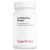 Supersmart Lactobacillus reuteri frasco frontal mostrando diseño y 60 cápsulas, confianza visual