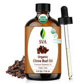 SVA ORGANICS frasco delantero de aceite de clavo, presentación clara y beneficio aromático