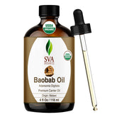 SVA ORGANICS botella frontal de aceite de baobab, presentación clara y orgánica