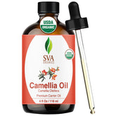 SVA ORGANICS botella frontal de aceite de camelia, presentación clara y beneficios para la piel