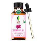 SVA ORGANICS botella frontal con aceite de geranio, presentación orgánica y gotero