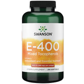 Swanson botella frontal con E-400 tocopherols mostrando diseño y tamaño, confianza de marca