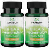 Swanson frasco frontal de DHEA y Pregnenolona, imagen del envase y beneficios claros