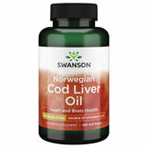 Swanson envase frontal de aceite de hígado de bacalao mostrando marca y beneficio