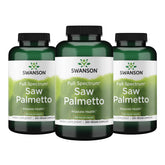Swanson frasco frontal Saw Palmetto mostrando etiqueta y beneficio prostático