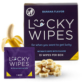 Sweetums Lucky Wipes empaque frontal mostrando pack de 10 banana y beneficio de conveniencia