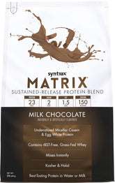 Syntrax Matrix envase frontal sabor milk chocolate mostrando etiqueta y beneficios