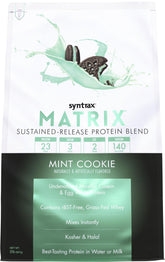 Syntrax Matrix envase frontal mostrando el sabor Mint Cookie y beneficios de liberación sostenida