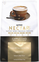 Syntrax Nectar Lattes frente del envase mostrando sello de aislado y beneficios