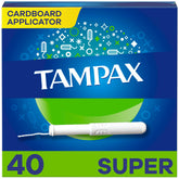 Tampax caja frontal mostrando 40 tampones y beneficios visibles