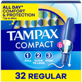 Tampax empaque frontal mostrando 32 unidades y diseño compacto