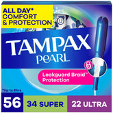 Tampax Pearl frente del empaque mostrando el multipack y cantidad para comodidad prolongada