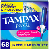 Tampax paquete frente mostrando 68 tampones y multipack, protección fiable