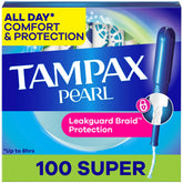 Tampax Pearl frontal del empaque mostrando paquete y beneficio de protección