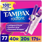 Tampax Radiant frente del empaque mostrando cantidad y beneficios