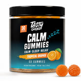 TASTY GAINS frasco delante mostrando 60 gominolas y beneficio de conveniencia
